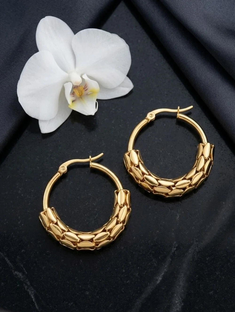 Textured Mesh Hoop Earrings 18K Gold Plated Stainless Steel Non-Tarnish Chunky